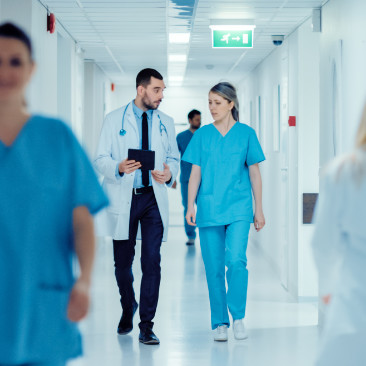 a group of people in a hallway